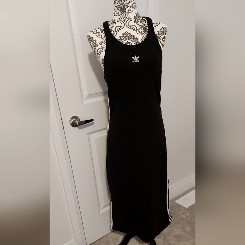 Adidas Black Racer Tank Midi Dress with 3 White Stripes